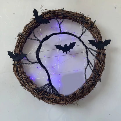Halloween Wreath Black Bat Branch Light Up