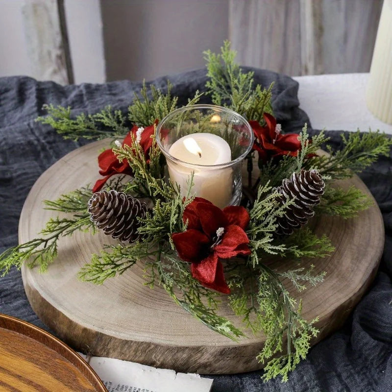 Christmas Candle Holder Wreath Floral for Table Decoration