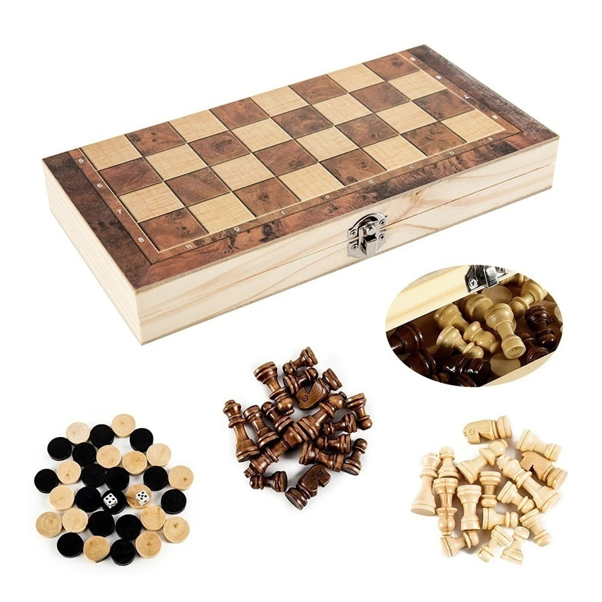 Wooden Chess Checkers Backgammon Set Portable Folding