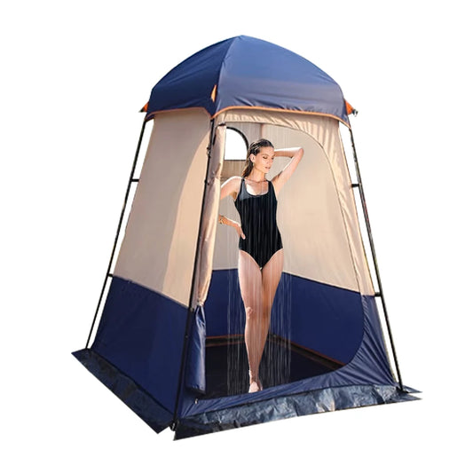 Portable shower tent with a woman inside on a white background