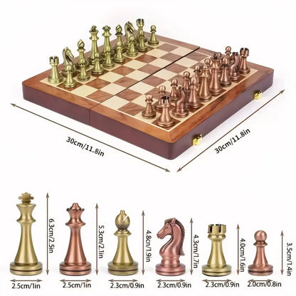 Chess Set Wooden Foldable Bronze Alloy