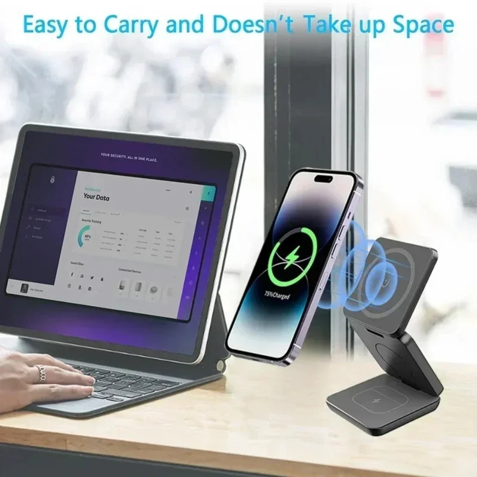 Magnetic Foldable 3 in 1 Wireless Charger Stand for iPhone and Apple Watch