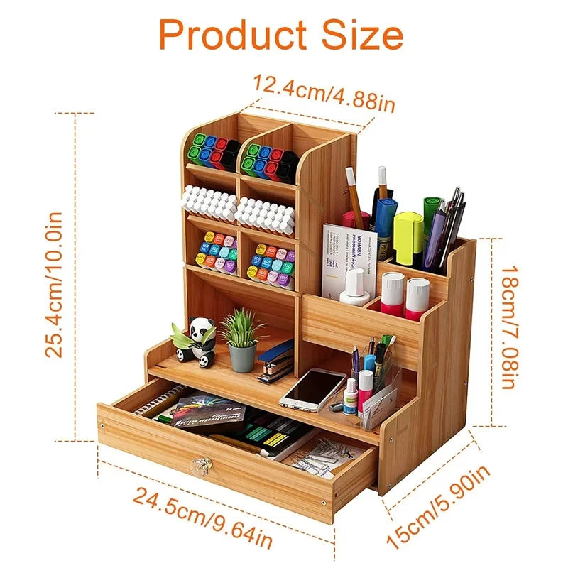 Desk Organizer Wooden Large-Capacity Pen Holder Drawer