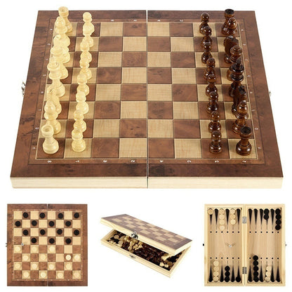 Wooden Chess Checkers Backgammon Set Portable Folding