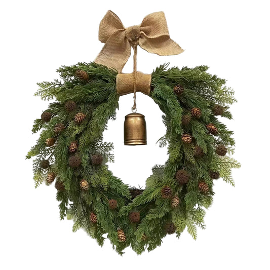 Christmas Wreath with Bell and Linen Bow Door Decor