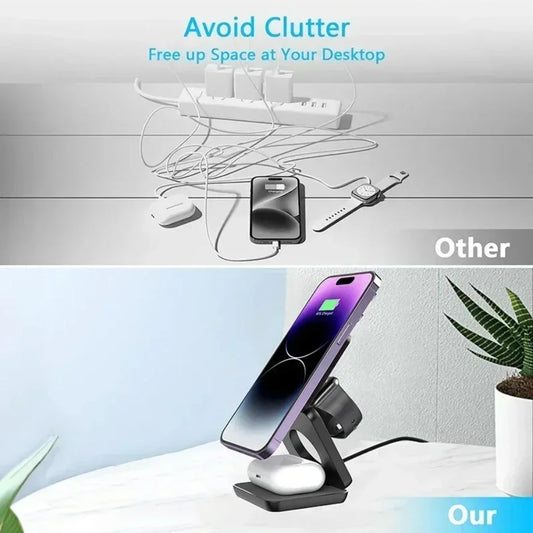 Magnetic Foldable 3 in 1 Wireless Charger Stand for iPhone and Apple Watch