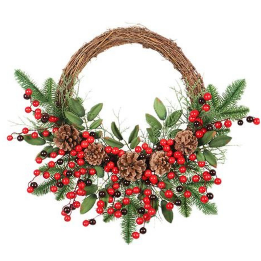 Christmas Wreath Rattan Pine Cones Berries Branches