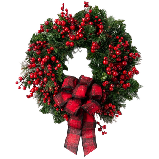 Christmas Wreath with Red Berry & Bow for Door Hanging