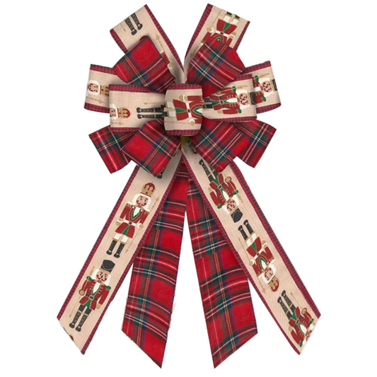 Christmas Bow Nutcracker with Red Plaid Burlap