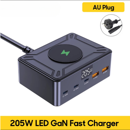 Charger GaN 205W Fast USB C Desktop Digital Display