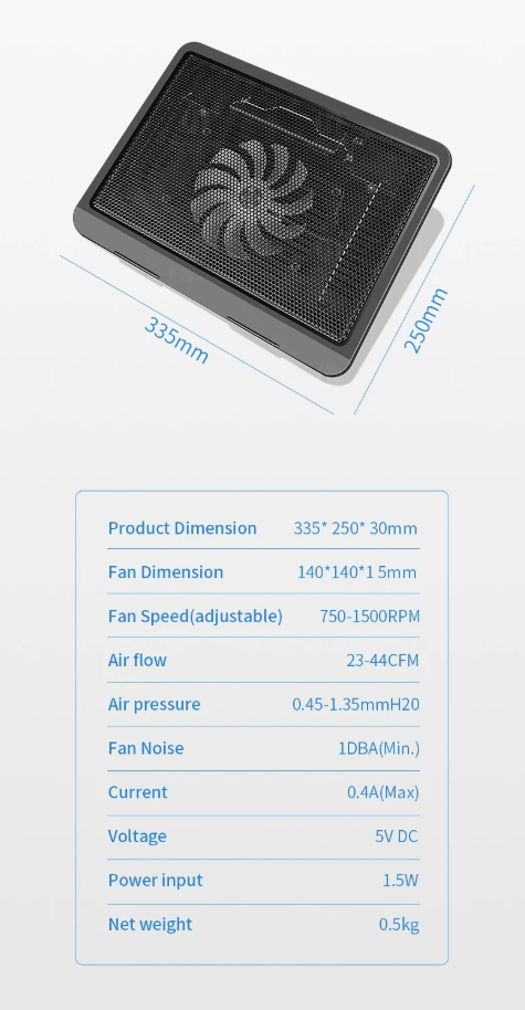 Laptop Cooling Pad Silent Adjustable Stand 14-17 Inch