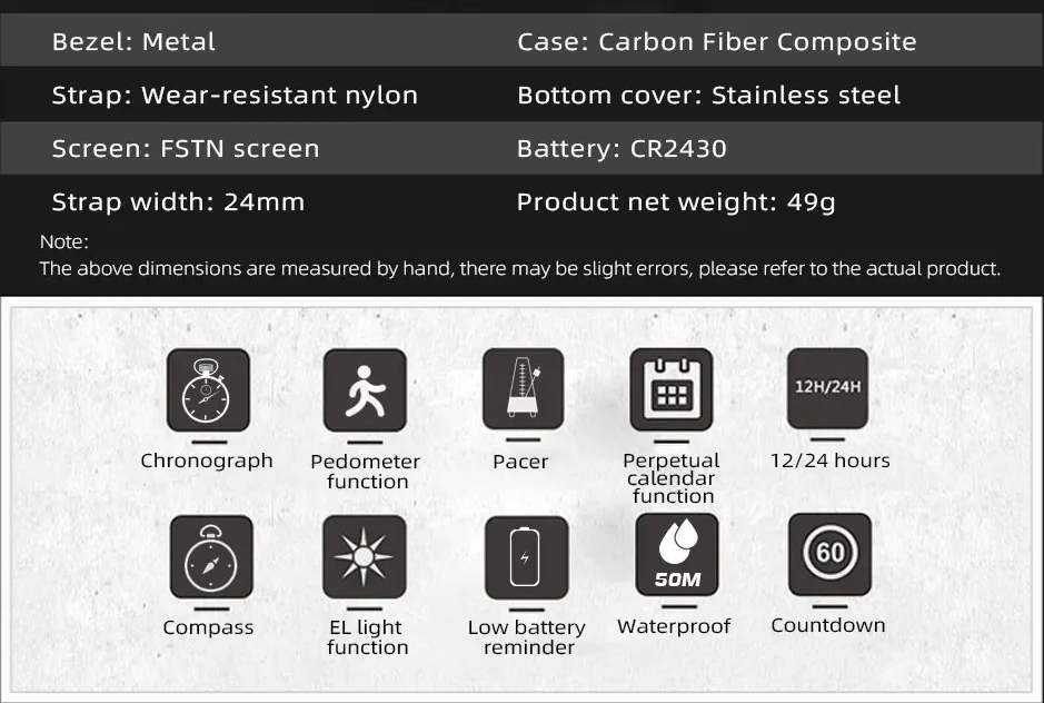 Men's Digital Sports Watch Carbon Fiber Compass Waterproof