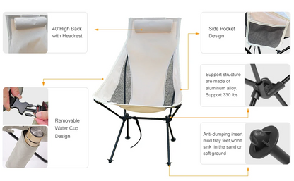 Camping Chair Folding Portable Lightweight Aluminum Headrest